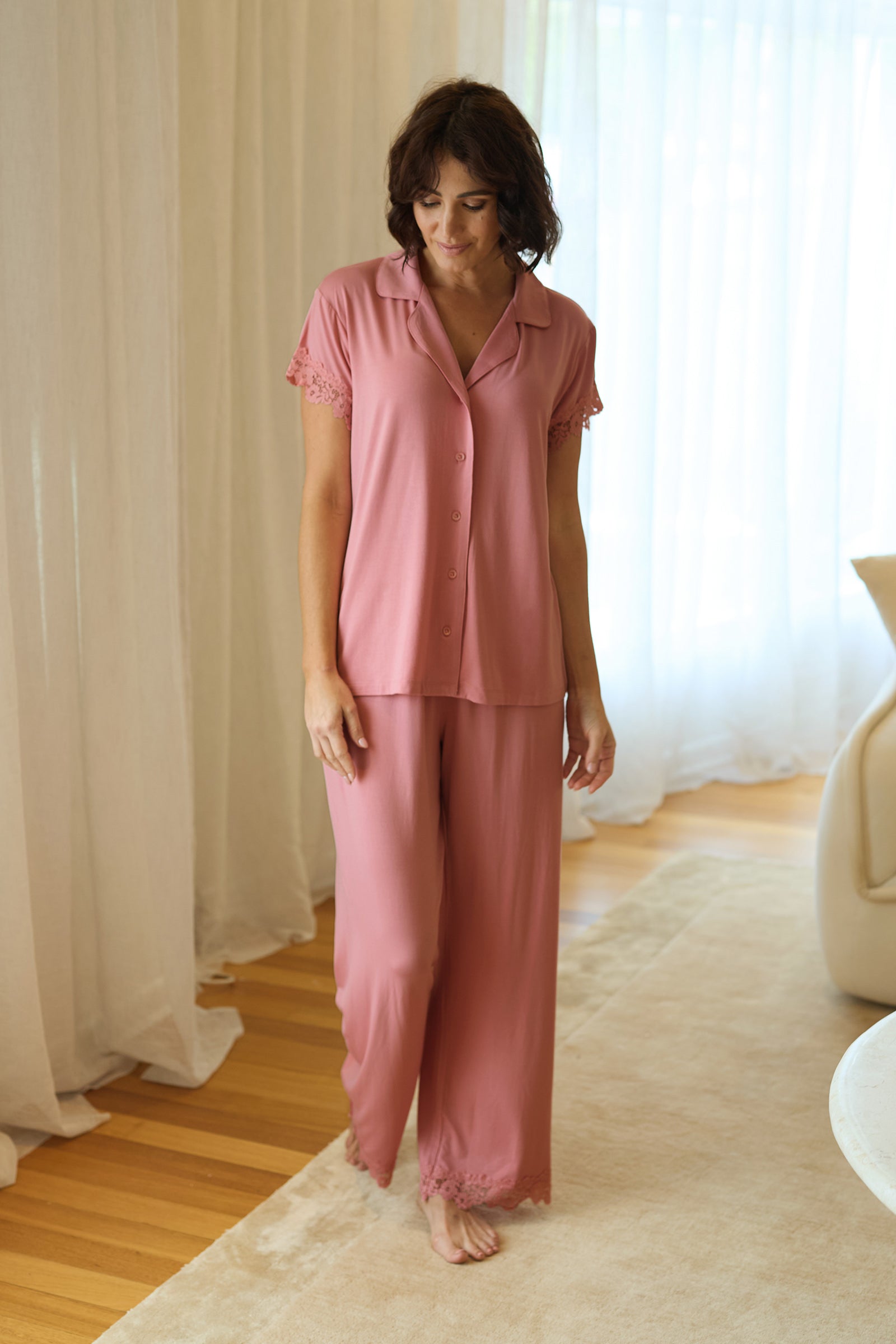 Lace Trim Modal Full Length Pyjama Set BLUSH PINK