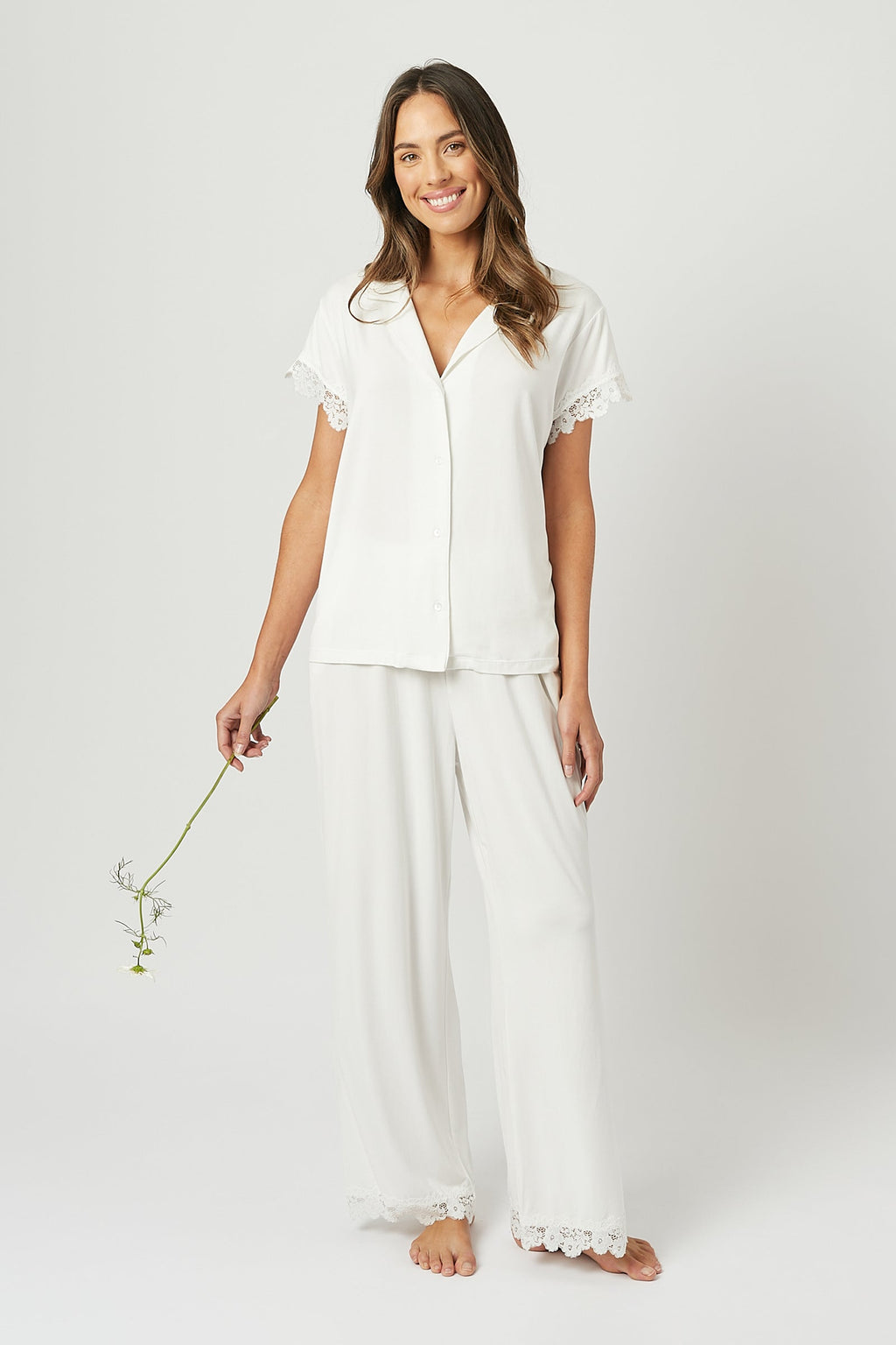 Lace Trim Modal Full Length Pyjama Set IVORY