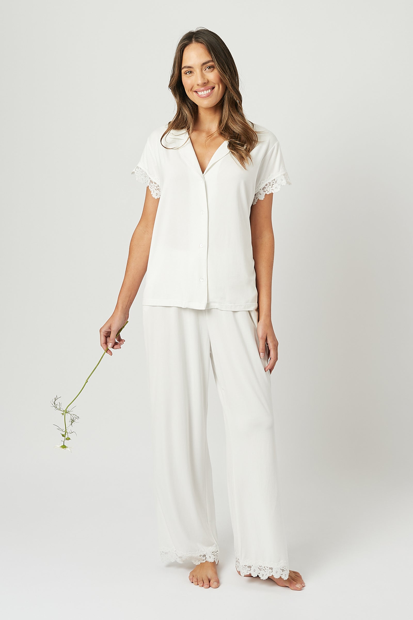 Lace Trim Modal Full Length Pyjama Set IVORY