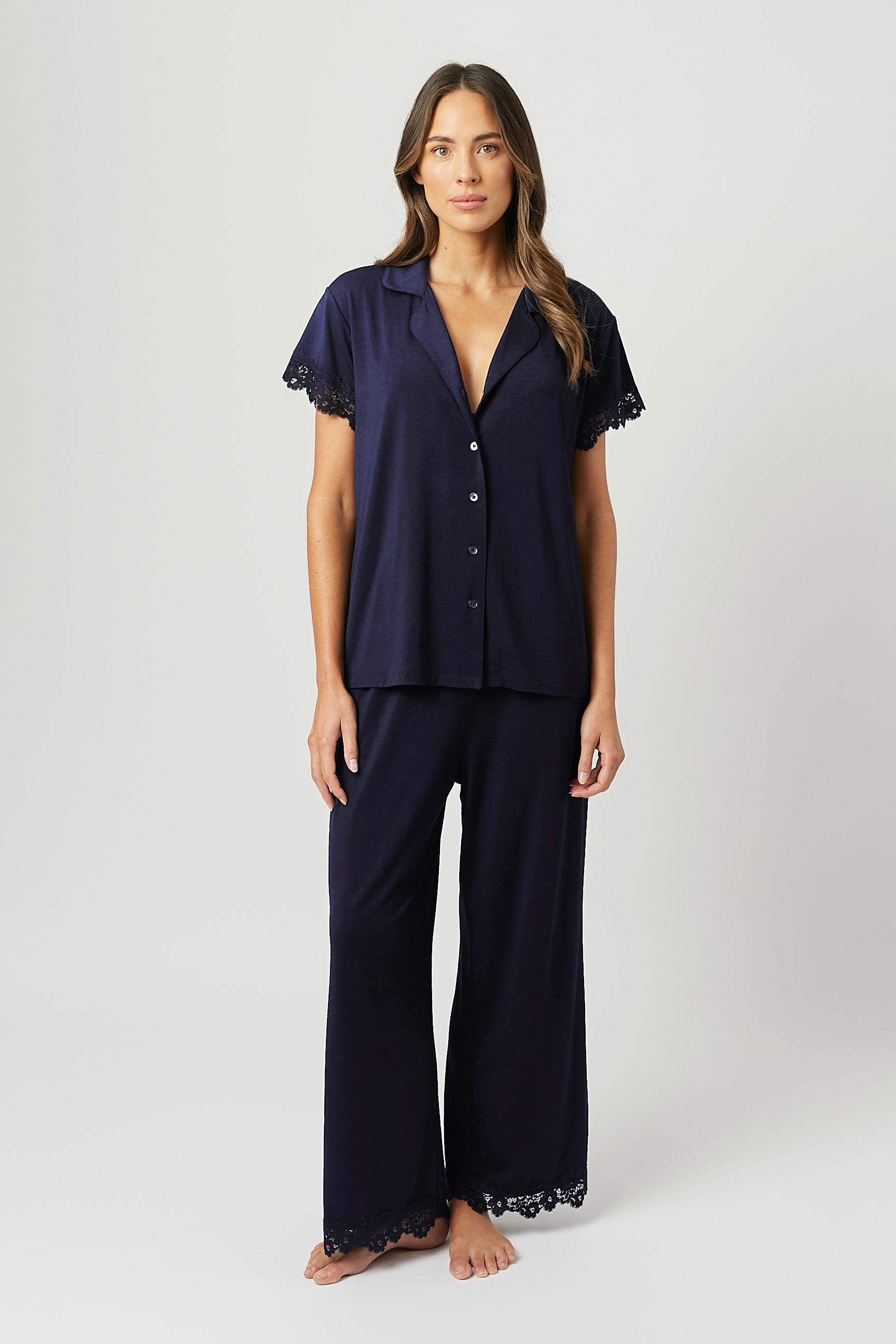 Lace Trim Modal Full Length Pyjama Set NAVY