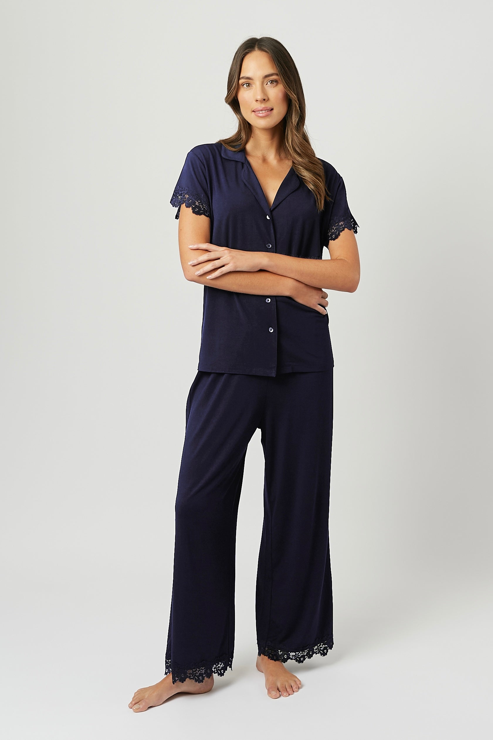 Lace Trim Modal Full Length Pyjama Set NAVY