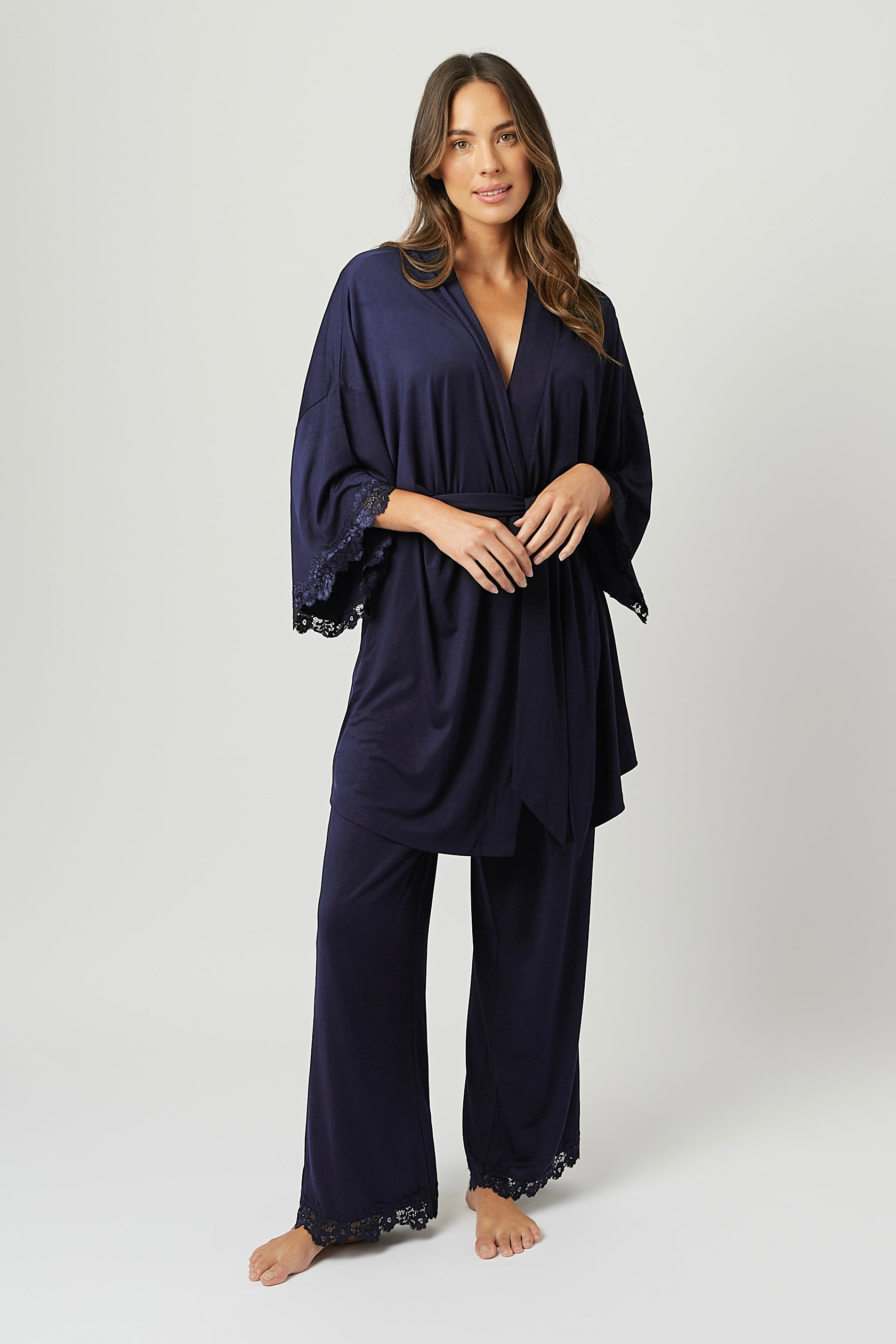 Lace Trim Modal Full Length Pyjama Set NAVY