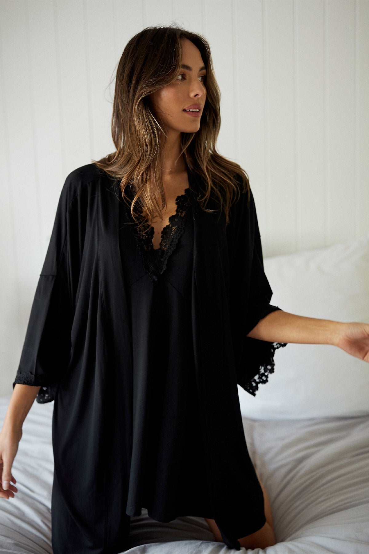 Lace Trim Modal Robe BLACK