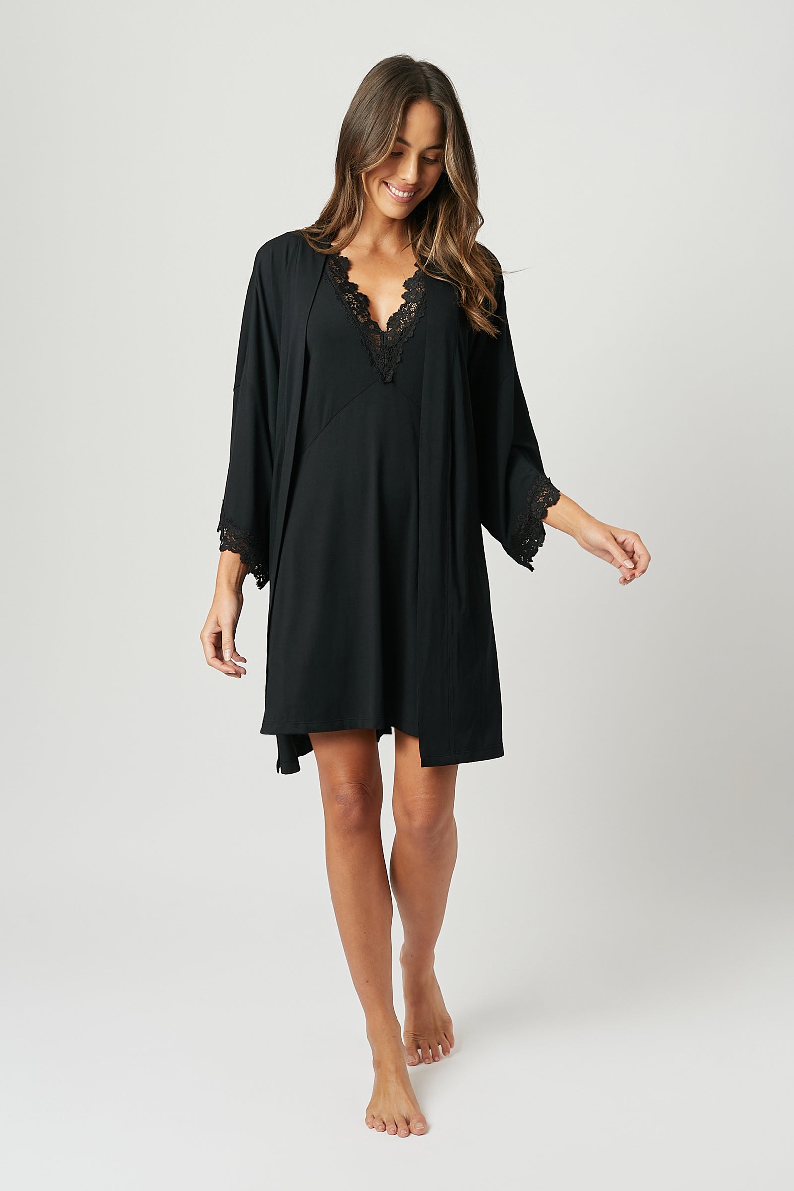 Lace Trim Modal Robe BLACK