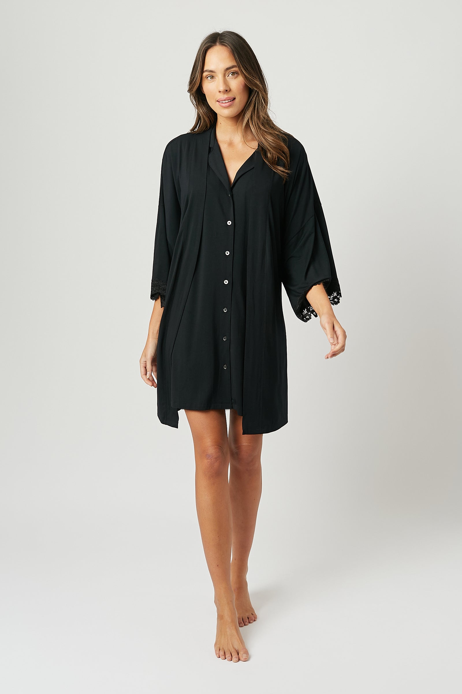 Lace Trim Modal Robe BLACK