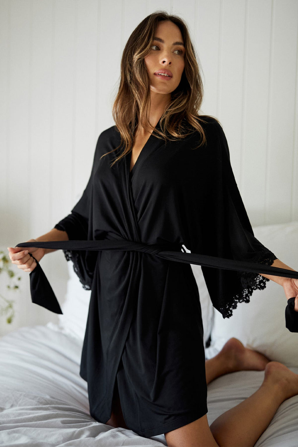 Lace Trim Modal Robe BLACK