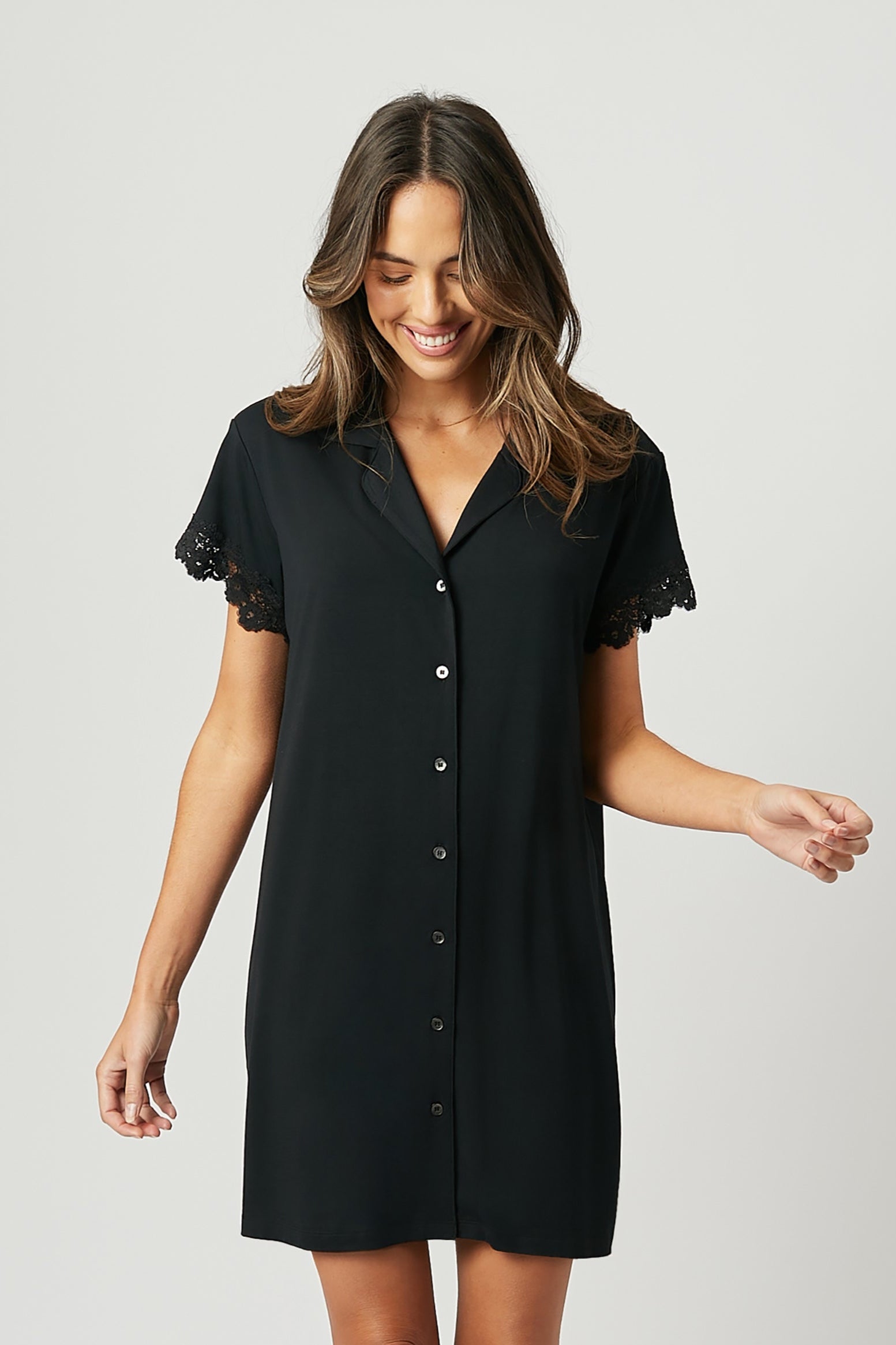 Lace Trim Sleep Shirt Nightie BLACK