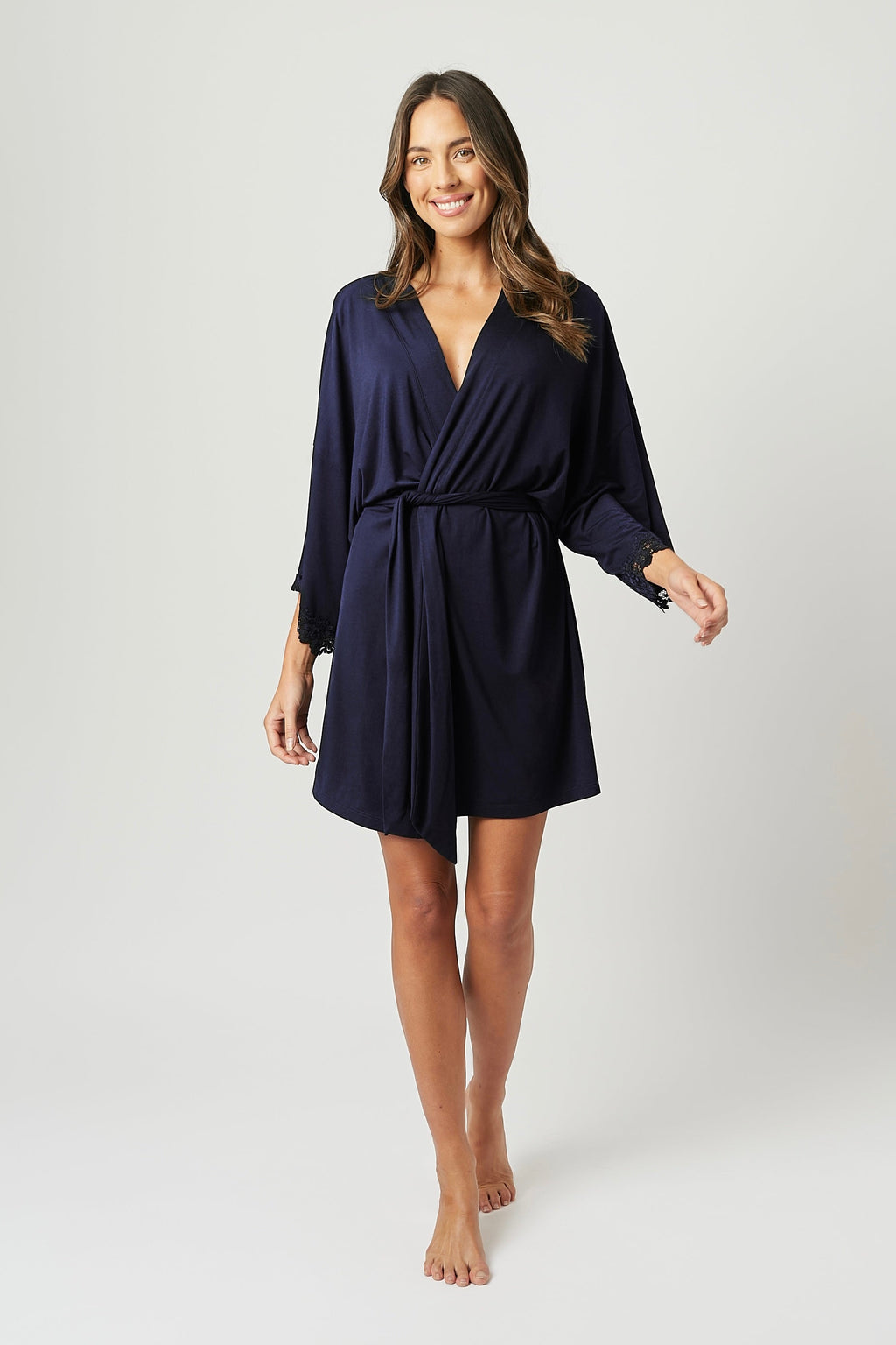 (Bundle) Lace Trim V-Neck Nightie + Modal Robe NAVY