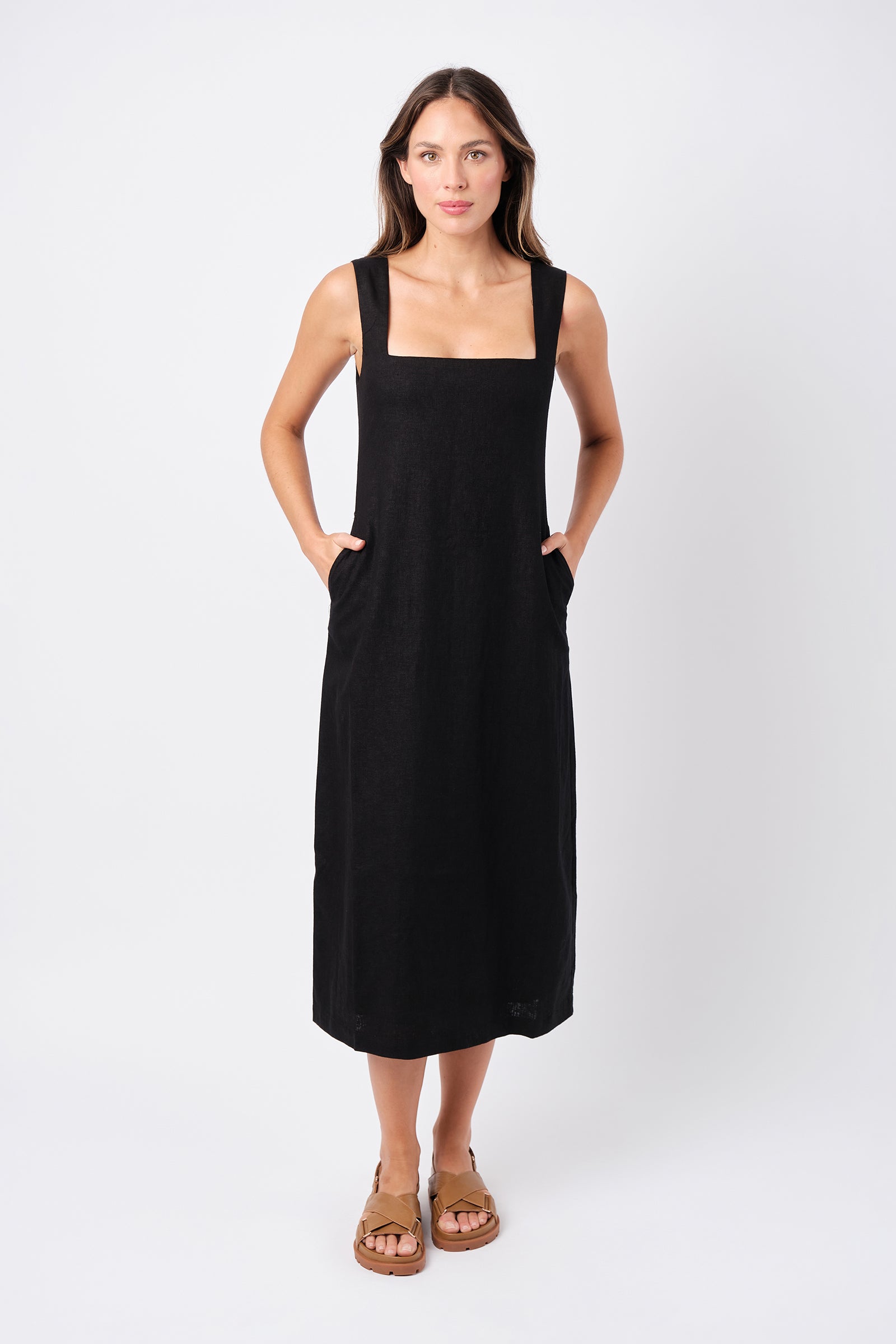 Linen Square Neck Midi Dress BLACK
