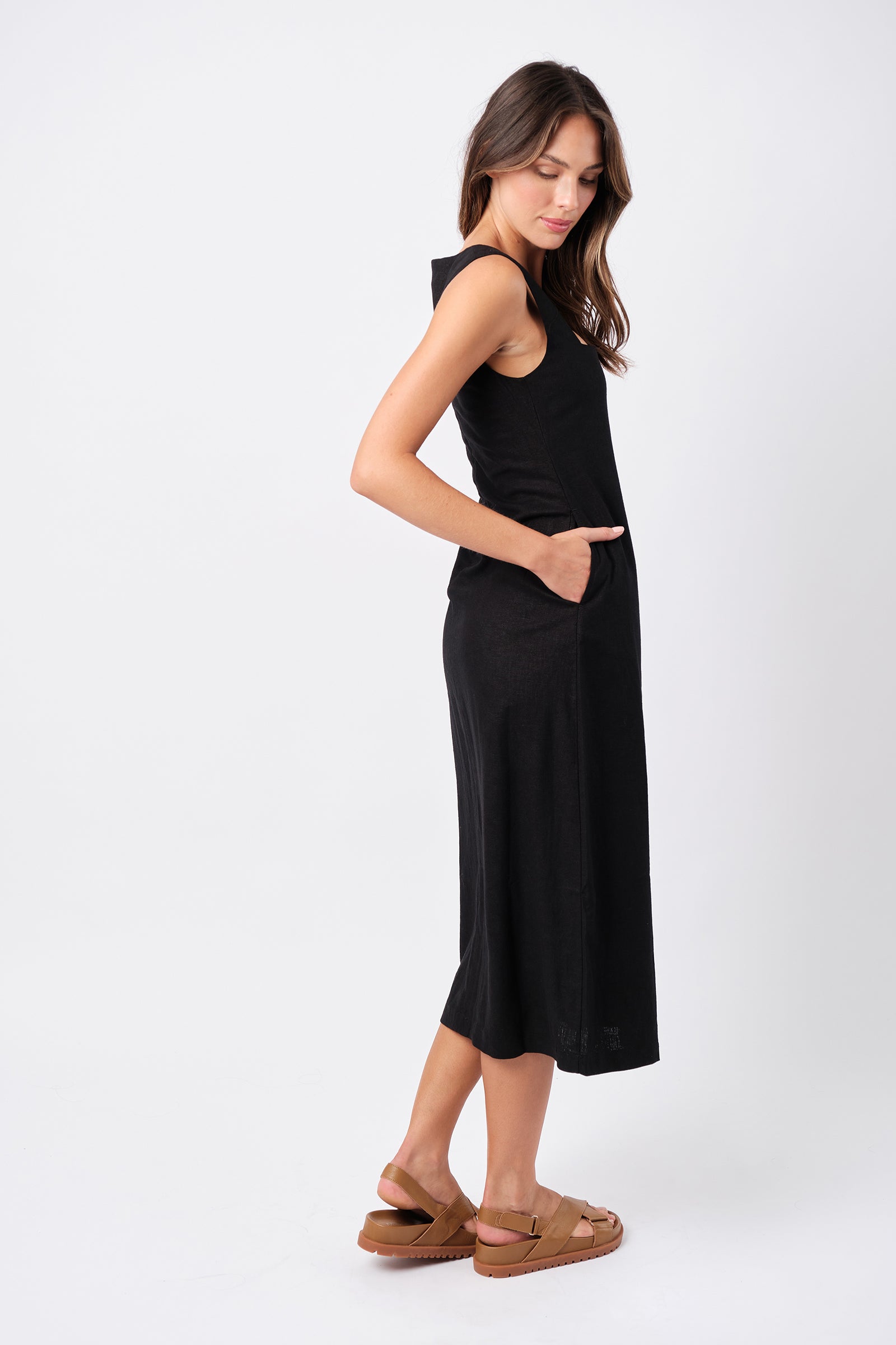 Linen Square Neck Midi Dress BLACK