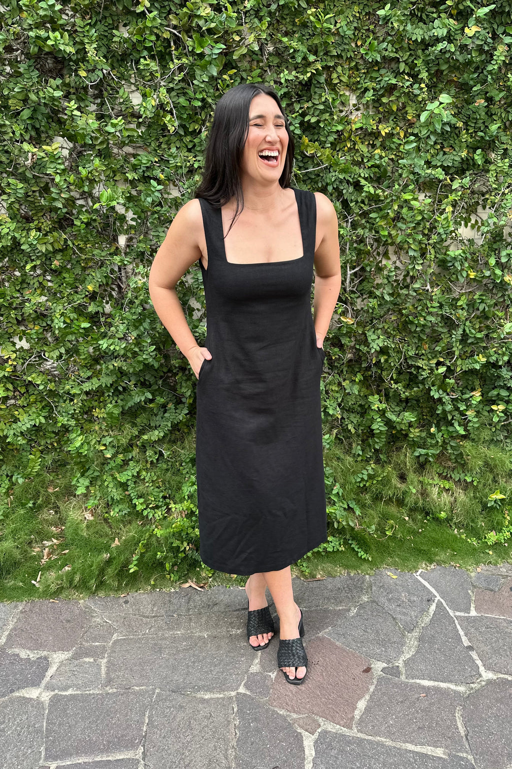 Linen Square Neck Midi Dress BLACK