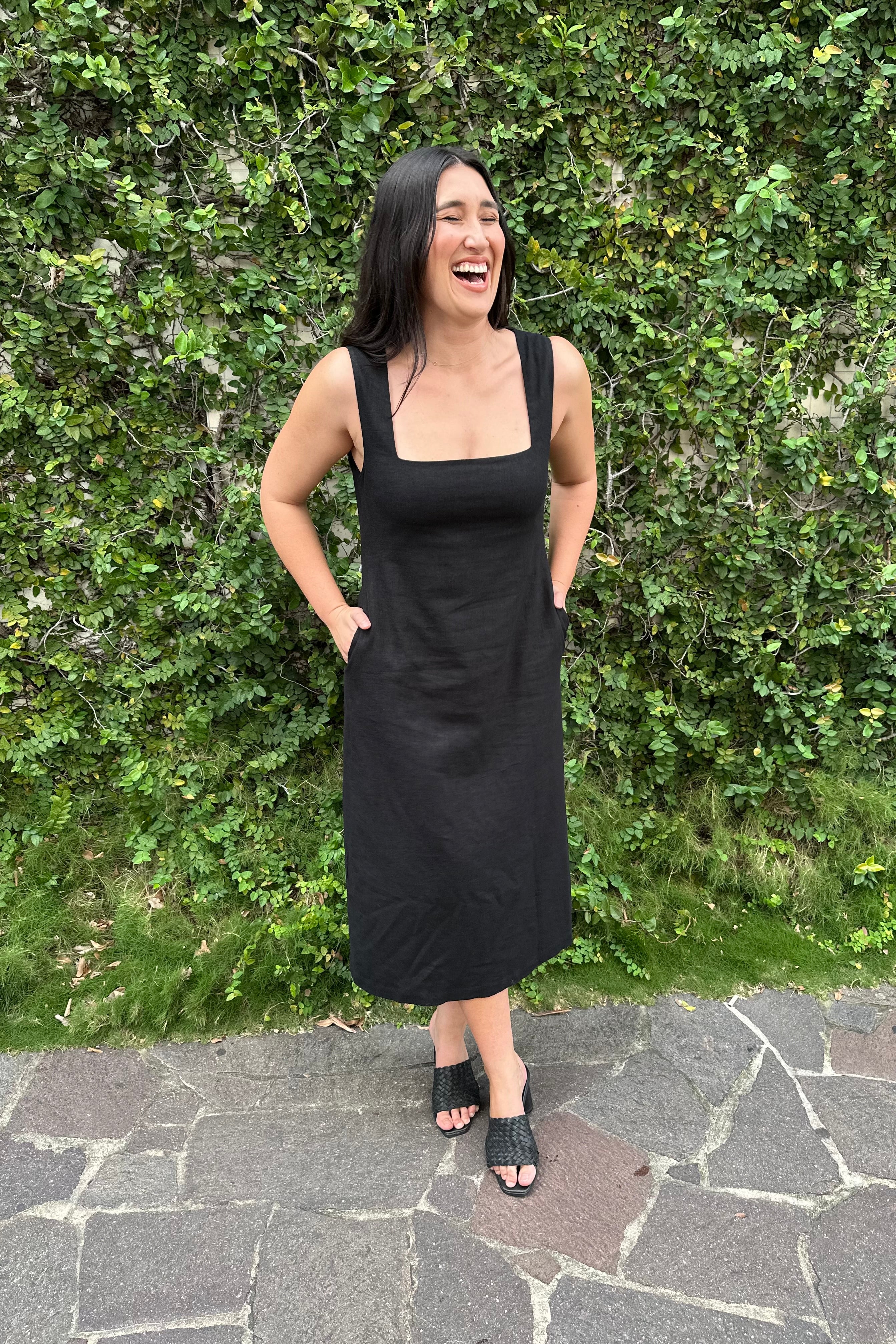 Linen Square Neck Midi Dress BLACK