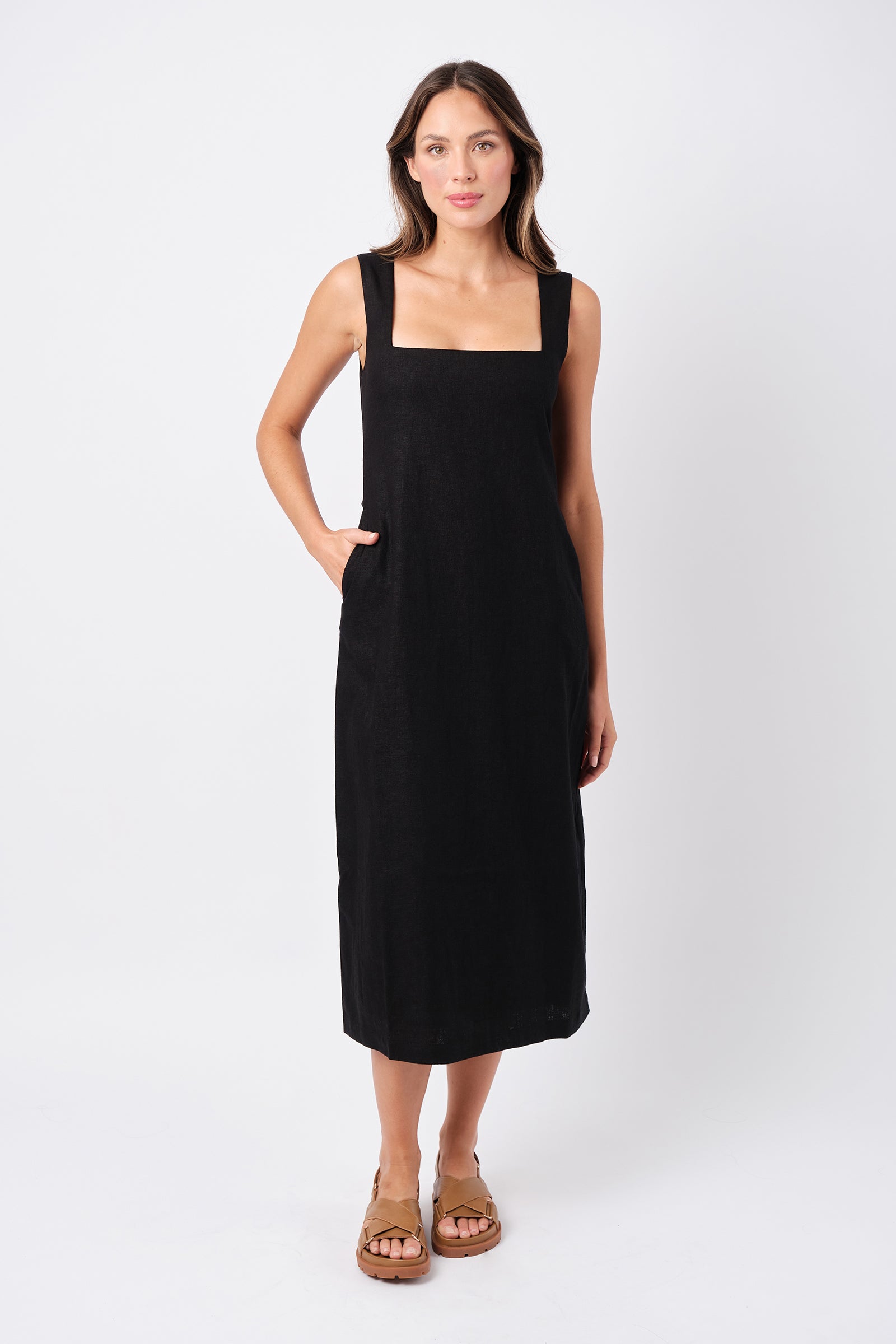 Linen Square Neck Midi Dress BLACK