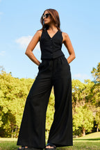 Linen V-Neck Vest BLACK