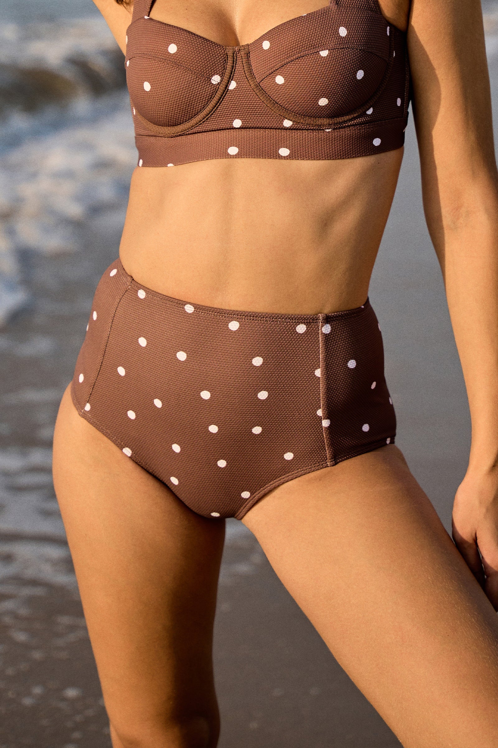 Never Say Never High-Waisted Bikini Bottom CHOCOLATE POLKA TEXTURE