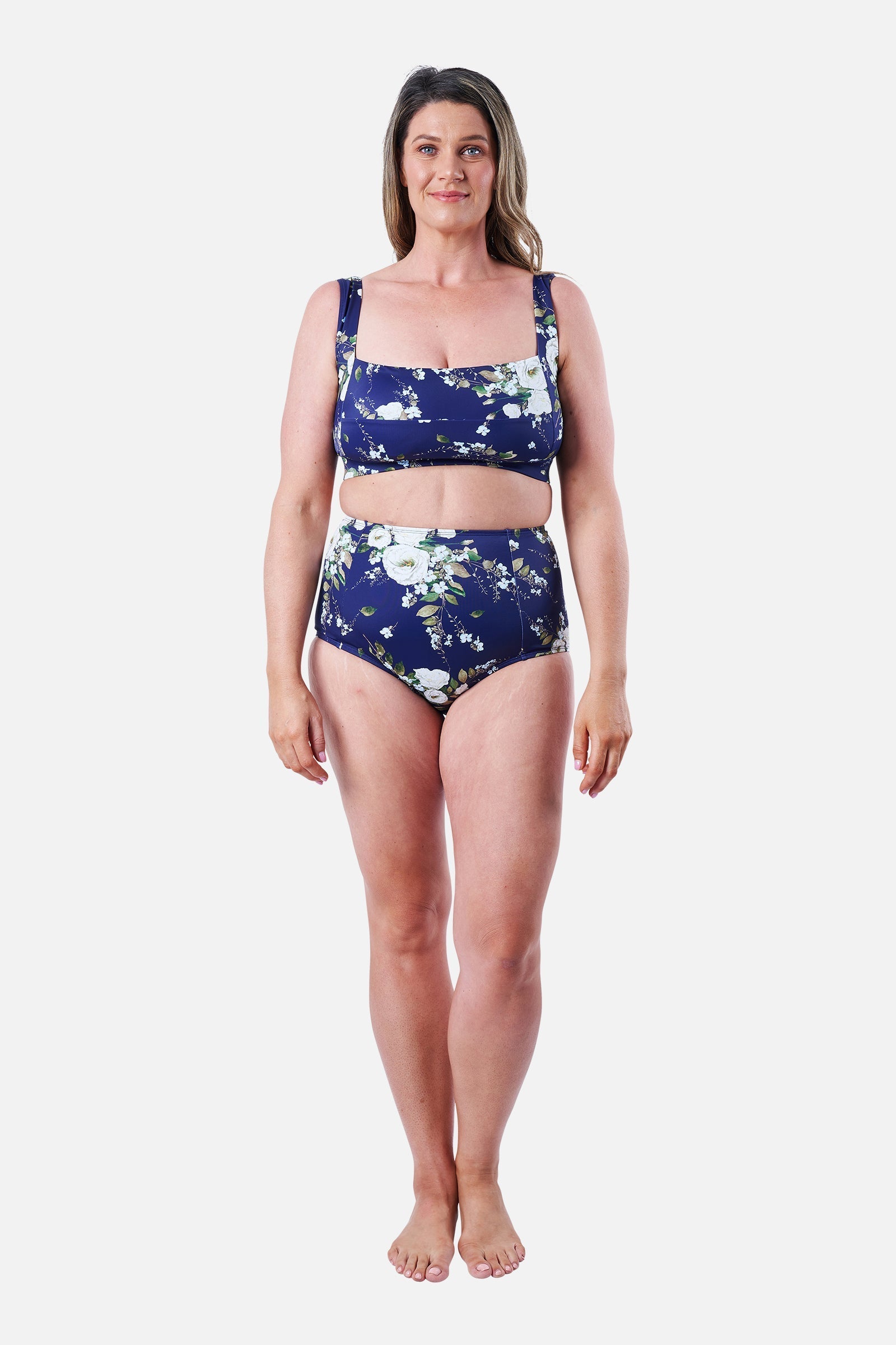 Never Say Never High-Waisted Bikini Bottom LONDON BOTANICAL NAVY