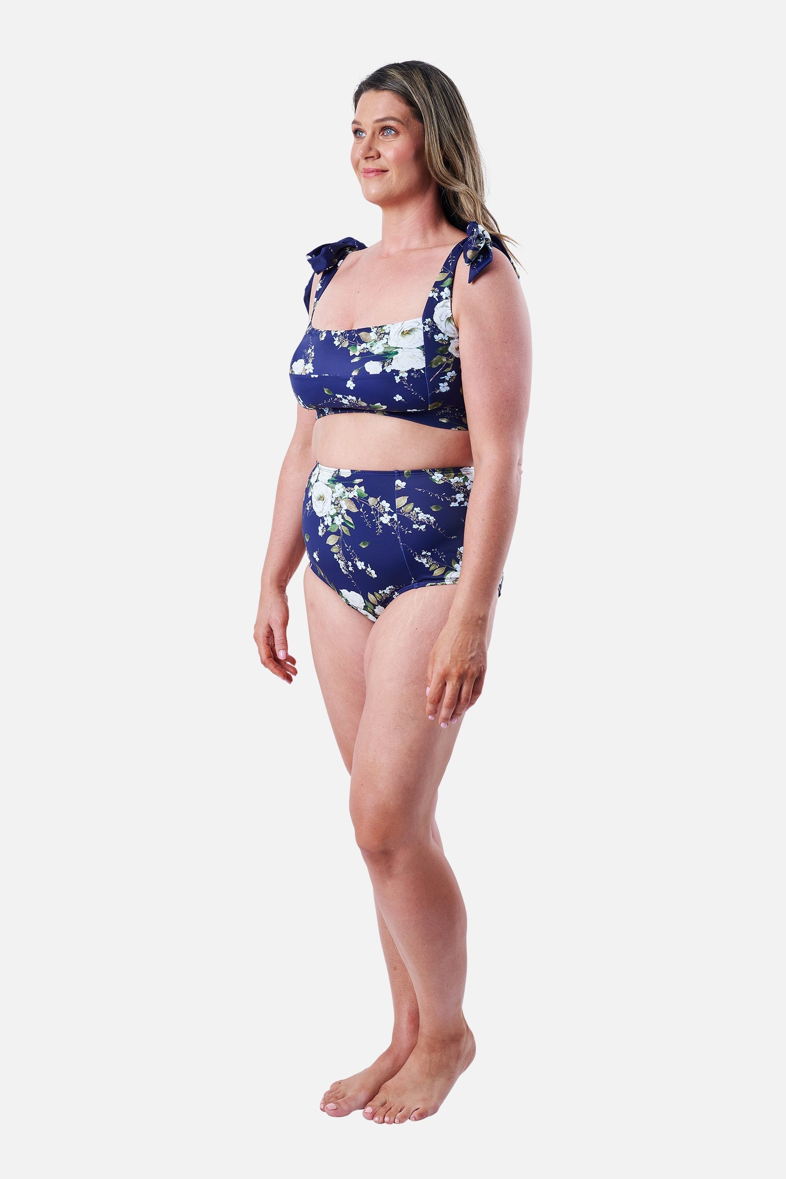 Never Say Never High-Waisted Bikini Bottom LONDON BOTANICAL NAVY