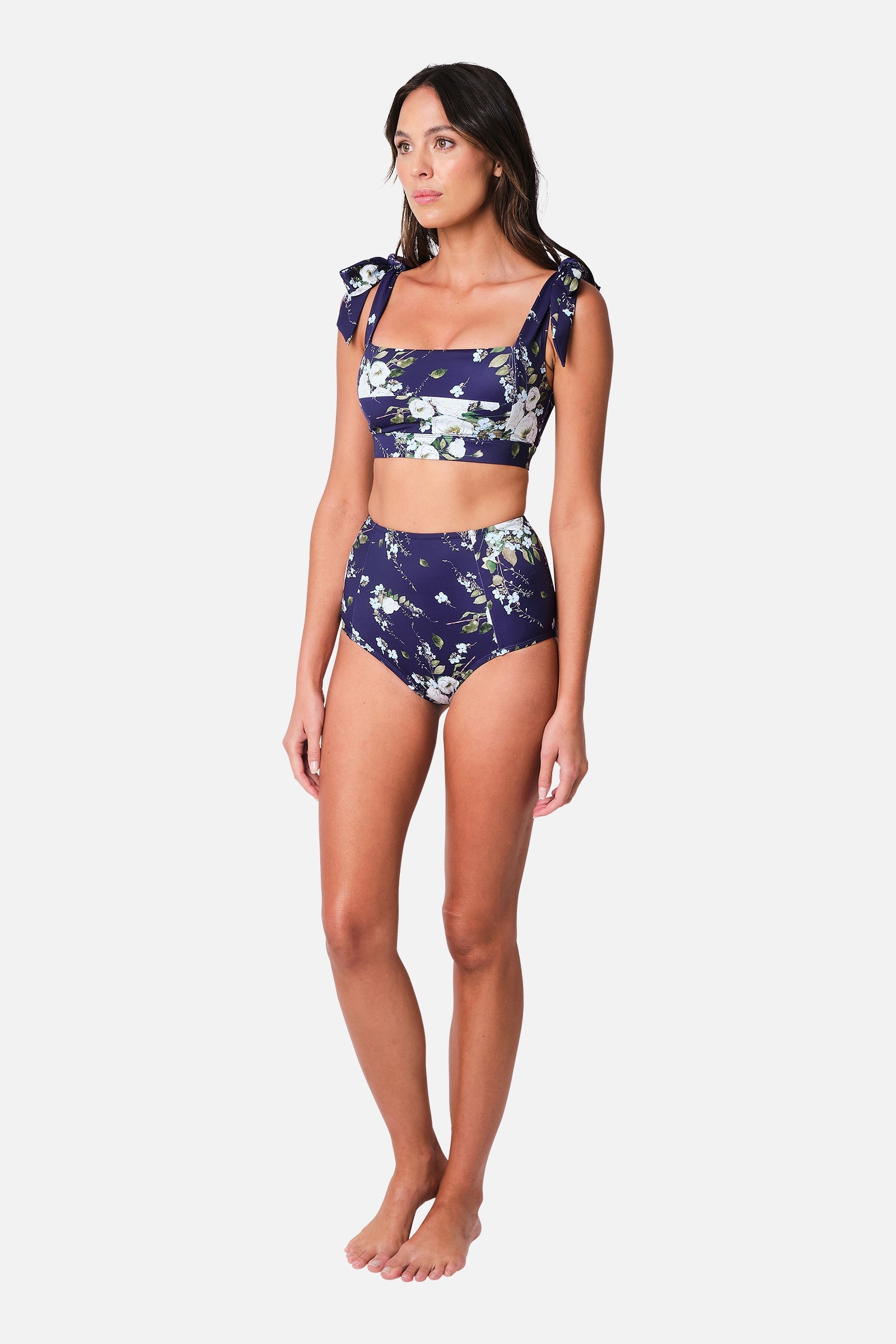 Never Say Never High-Waisted Bikini Bottom LONDON BOTANICAL NAVY