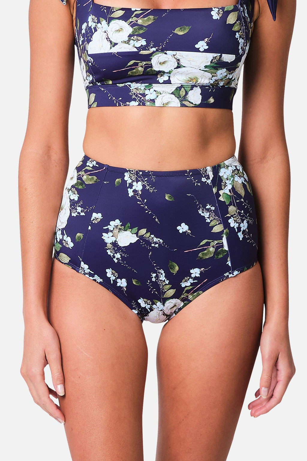 Never Say Never High-Waisted Bikini Bottom LONDON BOTANICAL NAVY