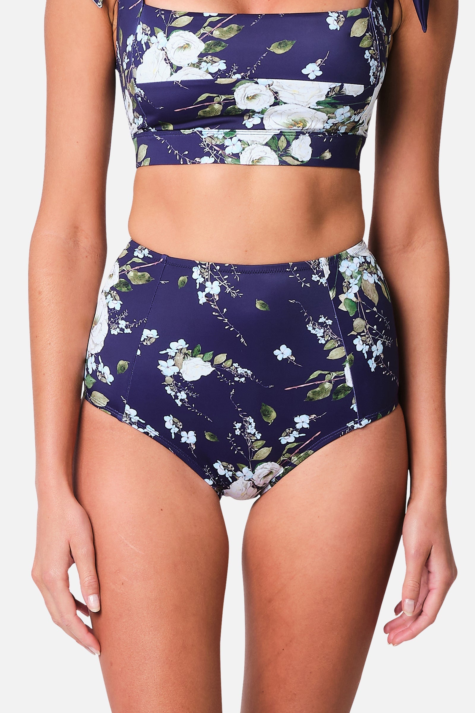 Never Say Never High-Waisted Bikini Bottom LONDON BOTANICAL NAVY