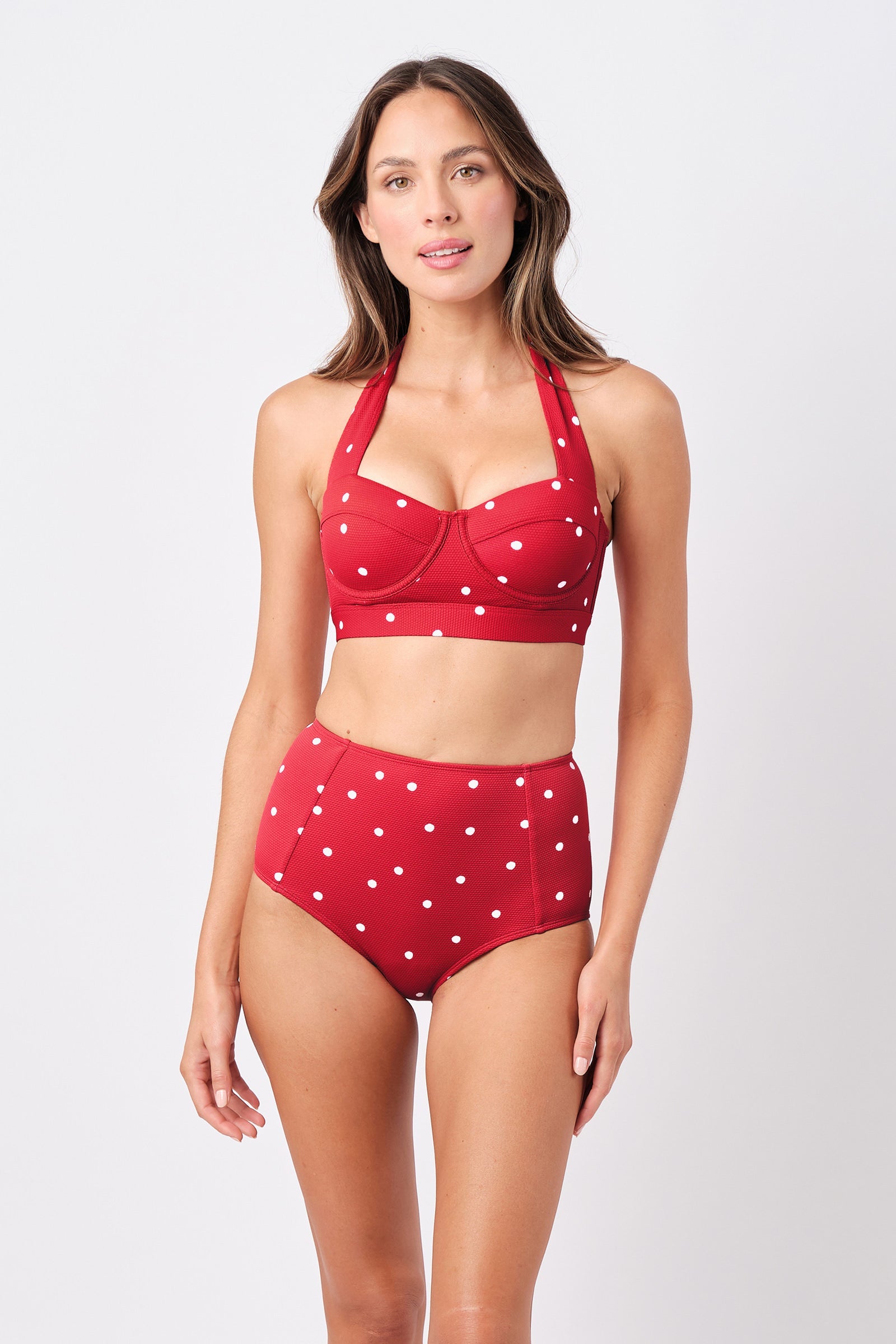 Never Say Never High-Waisted Bikini Bottom POLKA ROUGE TEXTURE