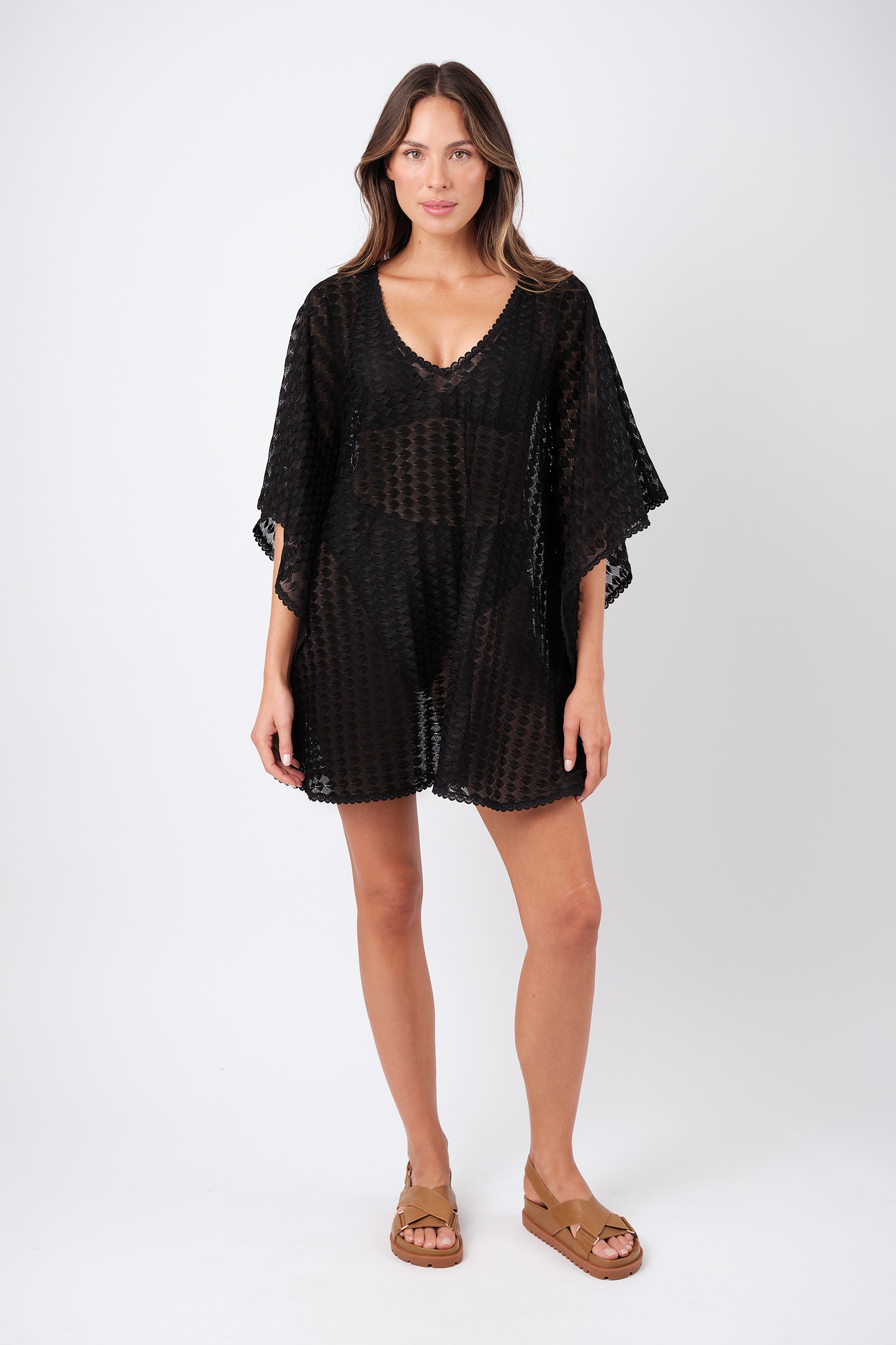 Scalloped Lace Kaftan BLACK