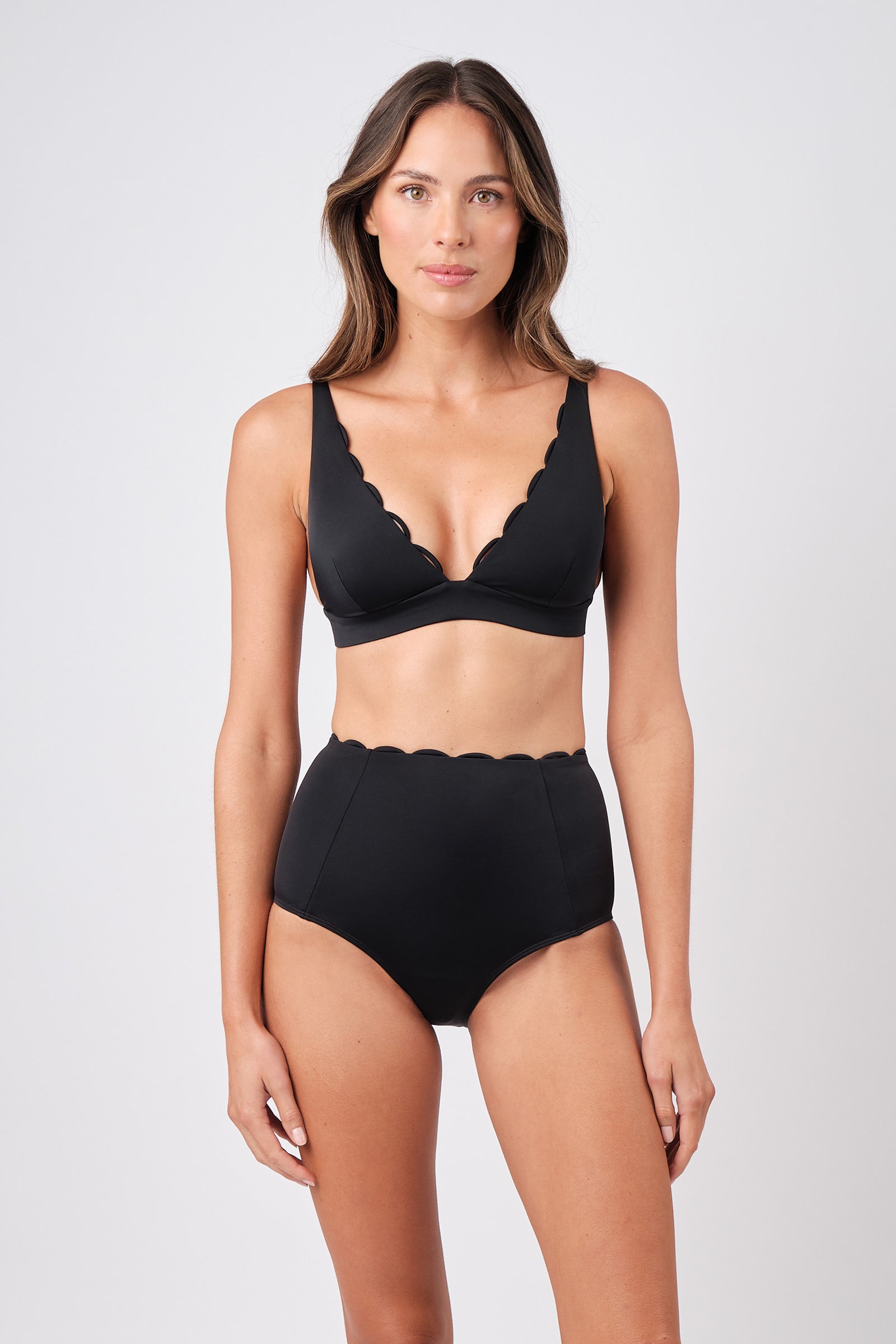 Scalloped Never Say Never High-Waisted Bikini Bottom BLACK
