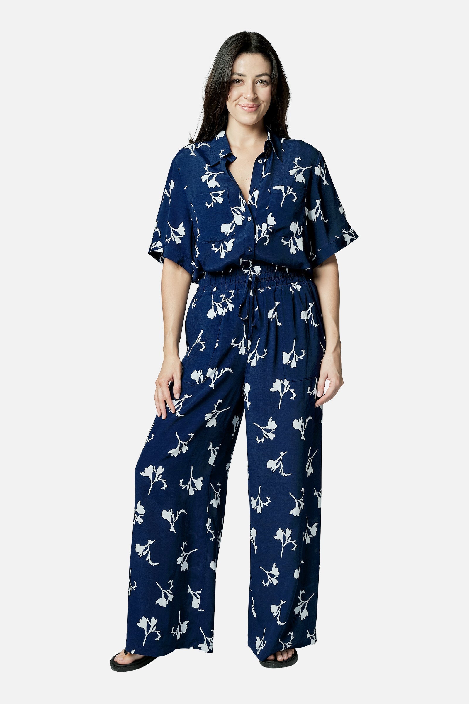 Short Sleeve Button-Up Shirt FREESIA SILHOUETTE NAVY