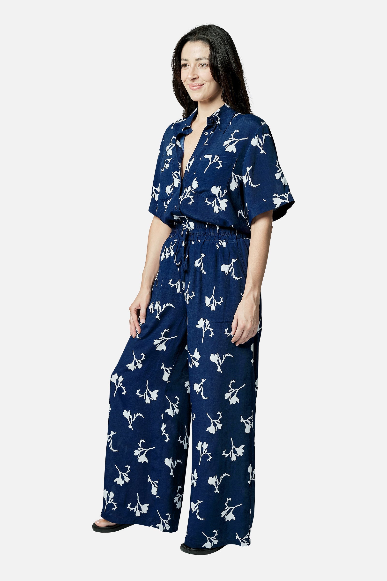 Short Sleeve Button-Up Shirt FREESIA SILHOUETTE NAVY