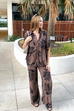 Short Sleeve Button-Up Shirt PALM SILHOUETTE CHOCOLATE