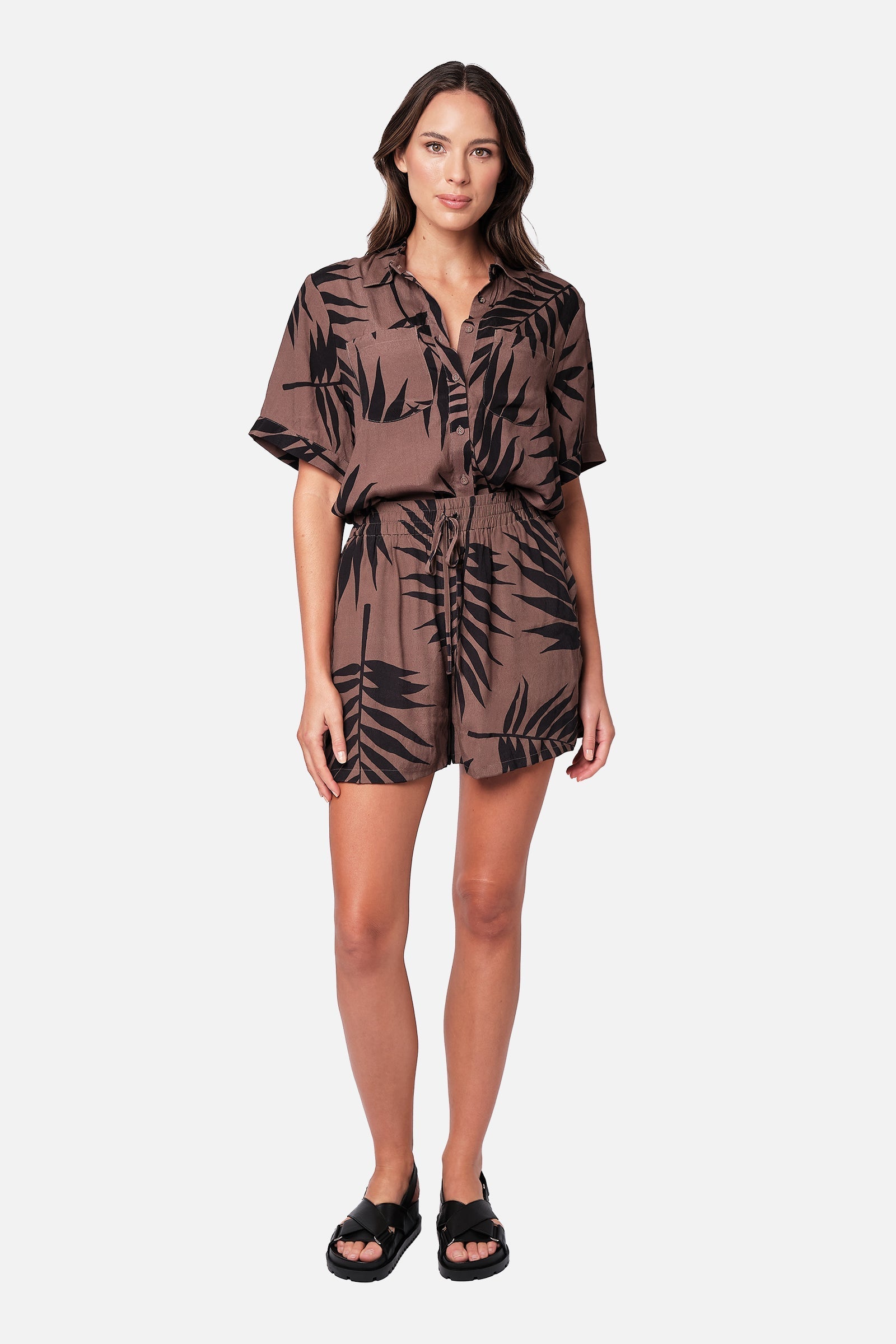 Short Sleeve Button-Up Shirt PALM SILHOUETTE CHOCOLATE