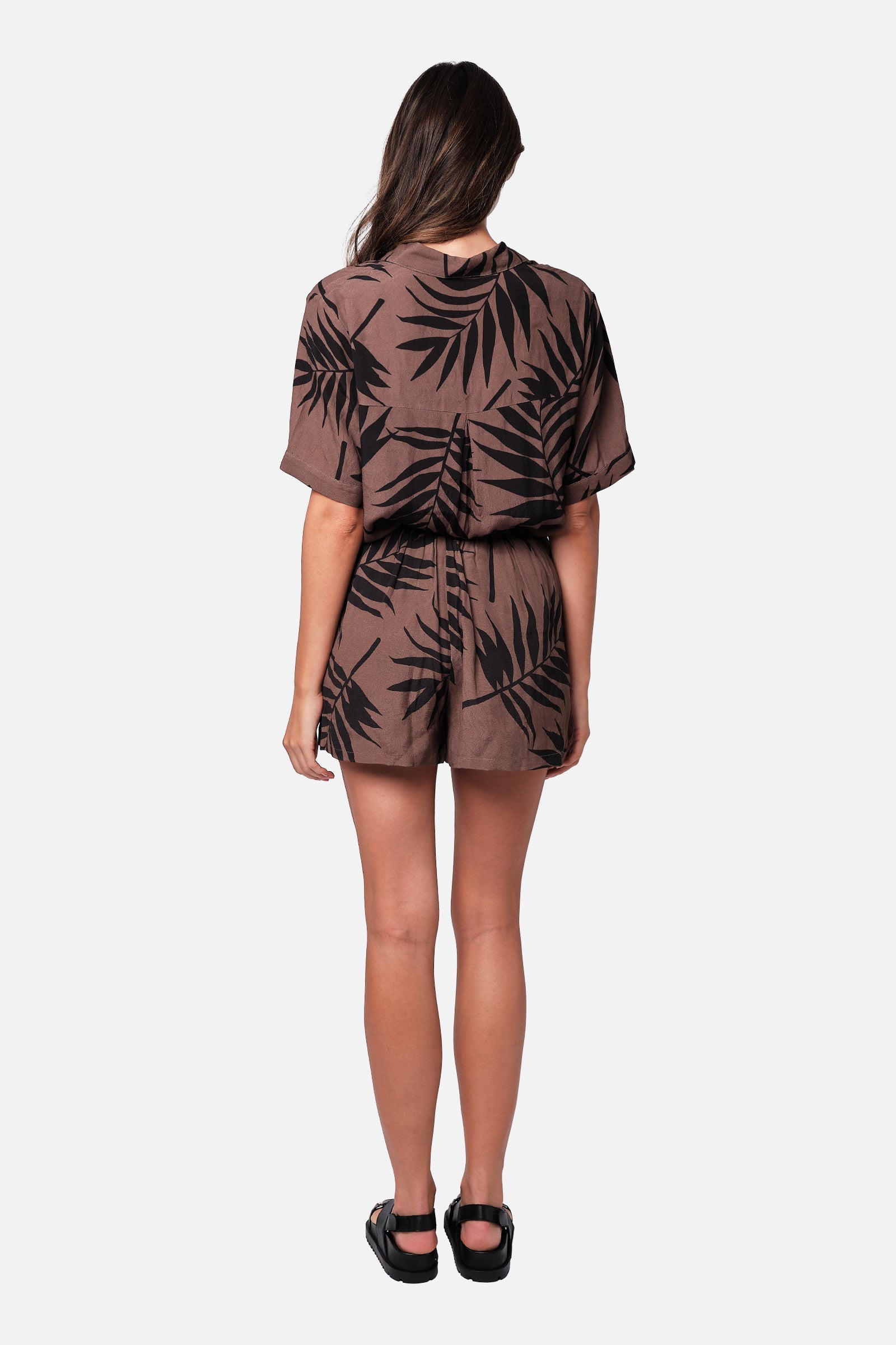Short Sleeve Button-Up Shirt PALM SILHOUETTE CHOCOLATE
